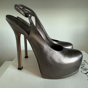 Saint Laurent YSL Tribtoo Slingback Platform Pumps Metallic Taupe Leather 36.5